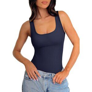 Women's Navy Blue Bodysuit Sleeveless Scoop Neck Sexy Slimming Tank Fashion Tops